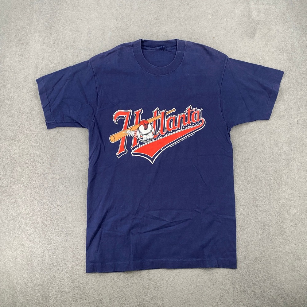 Vintage 1991 Hotlanta Baseball T-Shirt Navy Blue Single Stitch 90s Graphic Tee